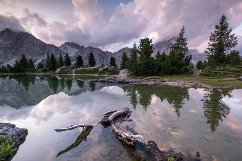Evening atmosphere at Lake Lago de Limides and Tofana di Rozes