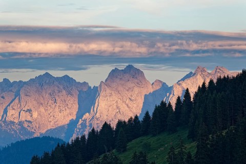 View from Mt. Sudelfeld in the Mangfall mountains towards the Wilder Kaiser mountain in Austria