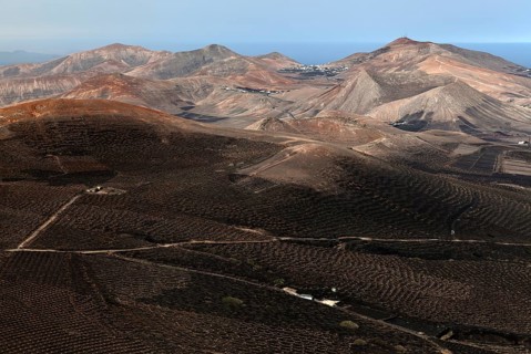 View from the Montana de Guardilama range south on the wine growing region of La Geria