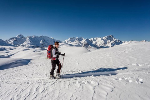 Ski tourner ascending Mt Seekofel in the Fanes-Sennes-Prags Nature Park in the Dolomites