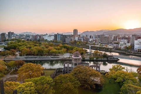 Panoramic view from Hiroshima Orizuru Tower over the city with atomic dome