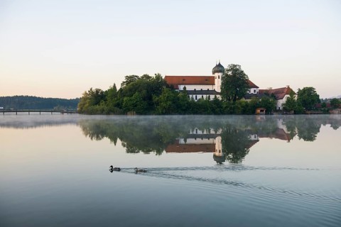 Early morning at Seeon Abbey on an island in Seeoner See Lake