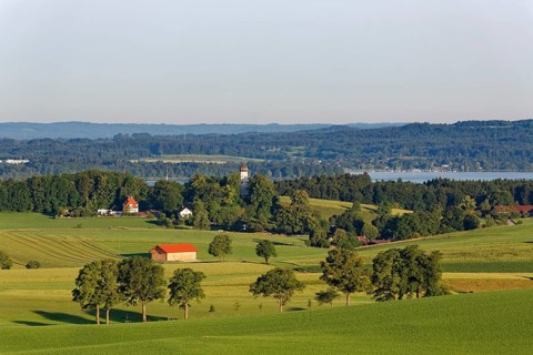 View from Furst-Tegernberg over Holzhausen and Lake Starnberger See