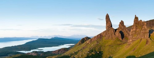 The Old Man of Storr at dawn with Loch Leathan behind