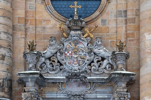 Coat of arms of Friedrich Carl von Schonborn above the entrance of the Gossweinstein pilgrimage church of the Holy Trinity