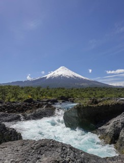 Waterfall of the Rio Petrohue and the Osorno volcano