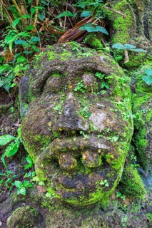 Moss-covered sculpture in the forest