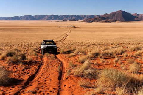 Pick-up driving through desert landscape behind the Tiras Mountains