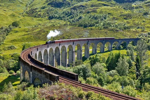 Glenfinnan viaduct from the Harry Potter films with historic train