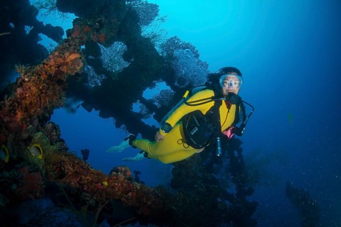 Diver in the wreck of the Iro Maru