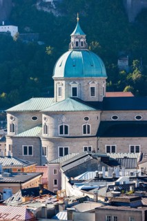 View from the Kapuzinerberg on the old town with dome of Salzburg Cathedral