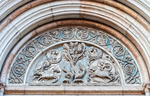 Romanesque stone relief over portal