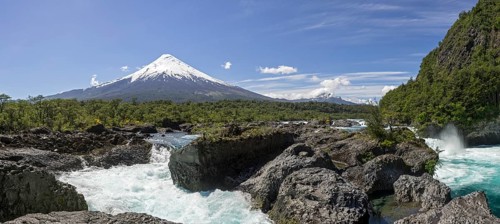 Waterfall of the Rio Petrohue and the Osorno volcano