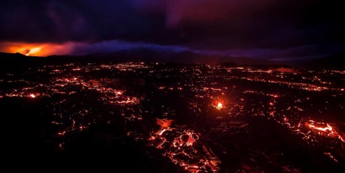 Night panorama of the eruption of the Tolbachik volcano