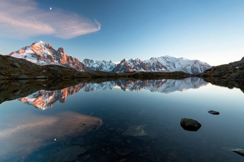 Evening light at Lac de Chesserys with mountains behind of Chamonix
