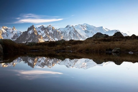Evening light at Lac de Chesserys with mountains behind of Chamonix