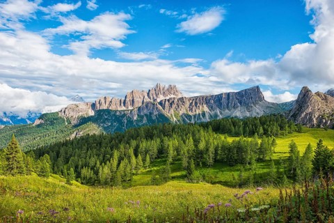 Lastoi de Formin mountain with blue sky and clouds