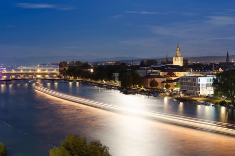 Light tracers of ships on the Rhine River during the Seenachtfest Festival