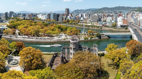 Panoramic view from Hiroshima Orizuru Tower over the city with atomic bomb dome