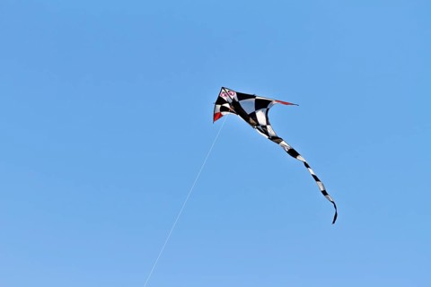 Black and white checkered kite with red wing tips flying in a blue sky