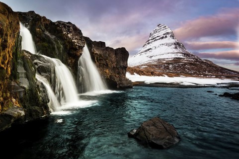 Peak of Kirkjufell with waterfall