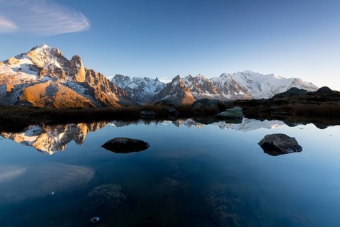 Evening light at Lac de Chesserys with mountains behind of Chamonix