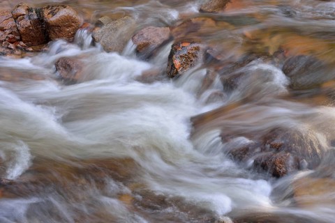 Water running over rocks in a brook in autumn