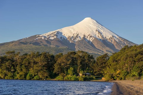 Osorno volcano and the shore of the bay of Lake Llanquihue