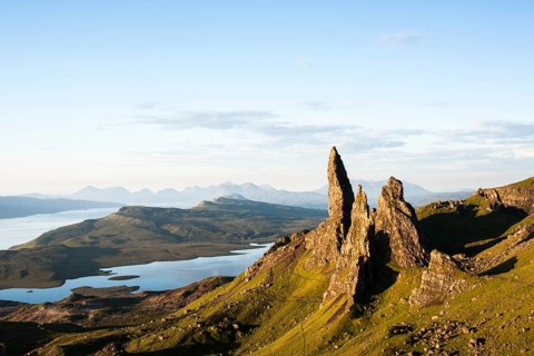 The Old Man of Storr and surrounding rock pinnacles in early morning