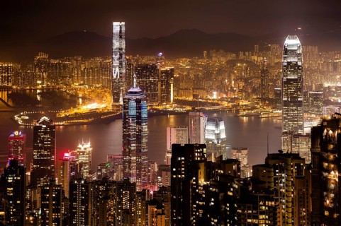 View over Hong Kong skyline from Victoria Peak at night