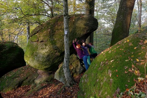 Family hiking in a rock park