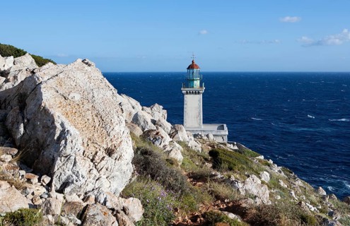 Akrotiri Tenaro Lighthouse at the southernmost point of the Peloponnese