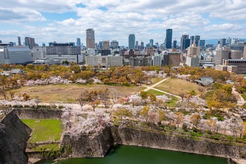 View from Osaka Castle to Osaka Castle Park and city silhouette