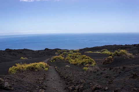 Hiking trail through lava landscape