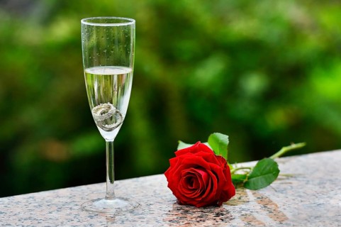 Wedding rings and red rose in a champagne glass