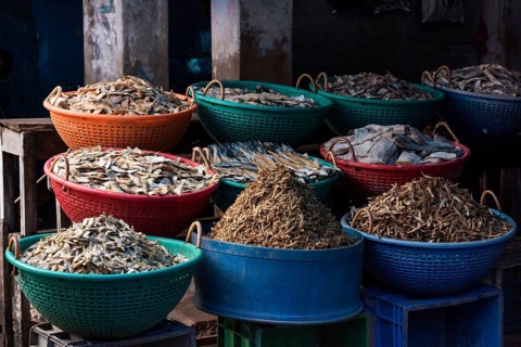 Different types of dried fish in plastic baskets on the market