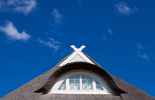 Detail view of a thatched roof with dormer and Lower Saxony horses of a new building against a blue sky
