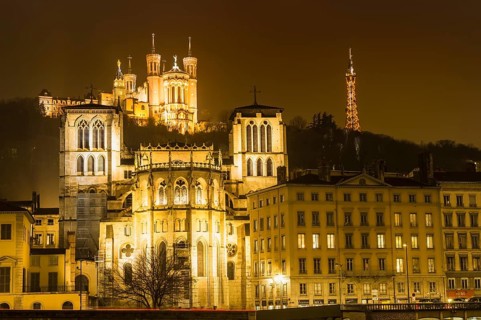Basilica of Notre-Dame de Fourviere at night, Lyon