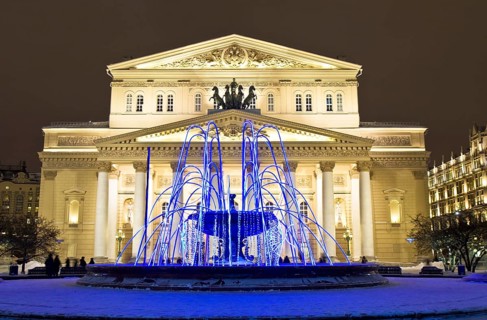 Bolshoi Theatre and electric winter fountain