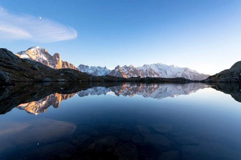 Evening light at Lac de Chesserys with mountains behind of Chamonix