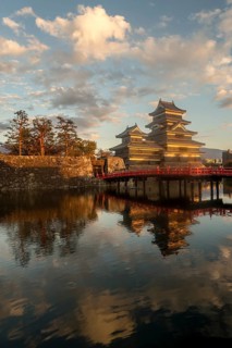 Japanese castle Matsumoto with reflection in the moat