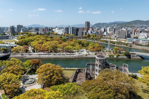 Panoramic view from Hiroshima Orizuru Tower over the city with atomic bomb dome