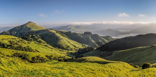 Green hilly grasslands with view of Hoopers Inlet