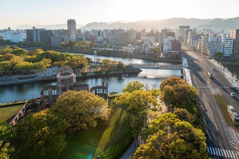 Panoramic view from Hiroshima Orizuru Tower over the city with atomic bomb dome