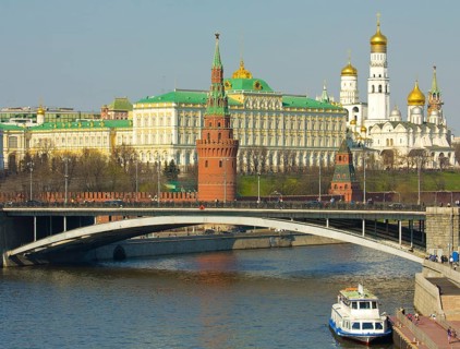 Moscow Kremlin with Kremlin palace and bell tower of Ivan the Great and Arhangelskiy Cathedral and Greater Stone Bridge