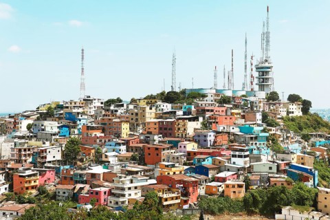 Colourful houses and radio masts on Cerro del Carmen