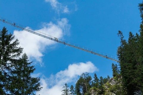 The Holzgauer Hangebrucke suspension bridge from below