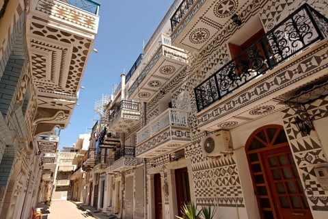 Traditional Xysta paintings on the houses in the mastic producing area of Mastichochoria