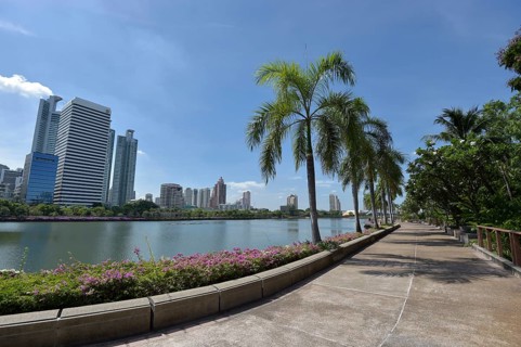 Benjakiti Park with the skyline of Bangkok
