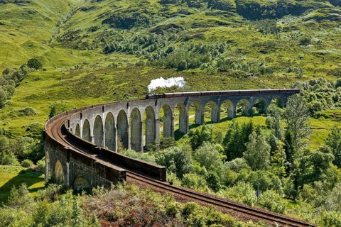 Glenfinnan viaduct from the Harry Potter films with historic train